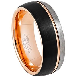 3-Tone Dome Tungsten Wedding Band - Black & Rose Gold Tungsten Carbide Ring - Groove Design Tungsten Ring - #878s9