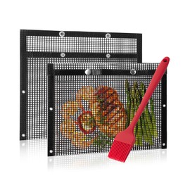UNCO BBQ Grilling Bags, 2 Pack, 11.8"x10.6", Mesh Grill Bags with Basting Brush, Easy to Clean, Reusable Mesh Barbecue Pouch