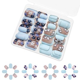 2 Packs 48Pcs Spring Flowers Press on Nails Short Square Fake Nails Blue Floral False Nails Squoval Artificial Acrylic Nails with Design Glossy Nails Press ons for Women Manicure Art Decoration Set