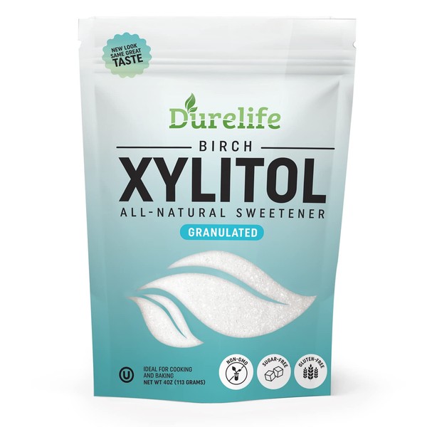 DureLife XYLITOL - Sustituto de azúcar de 4 onzas, hecho de xilitol de abedul 100% puro, sin OMG, sin gluten, Kosher, alternativa natural al azúcar, (tamaño de muestra de 4 onzas)