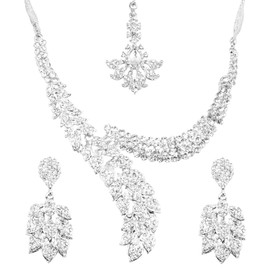 Touchstone Traditional and Modern Kundan Polki Look White and Blue Faux Turquoise Rhine Grand Bridal Designer Jewellery Necklace Set for Women, Alloy metal, Crystal