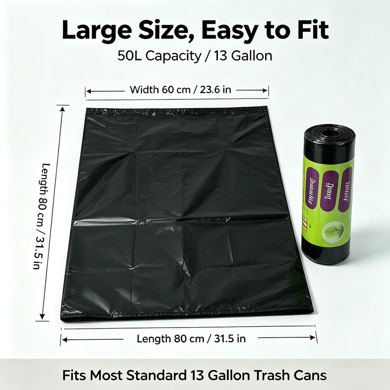 Tall Kitchen Trash Bags 13 Gallon, Easy Tear Black 60