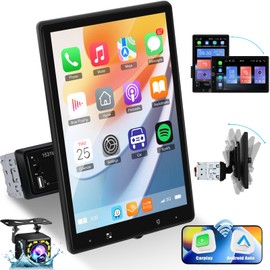 NHOPEEW Rotatable Single Din Car Stereo with Wireless Carplay and Android Auto - 10.4 Inch Vertical Touch Screen Car Radio - Bluetooth/Mirror Link/SWC/FM + 12leds Backup Camera & Microphone