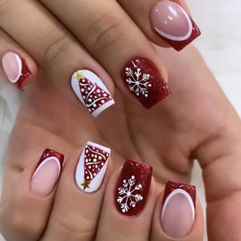 Christmas Press on Nails Short Square Fake Nails With Snowflake Xmas Tree Designs Red Glitter French Tip False Nails Full Cover Stick on Nails Acrylic Winter Artificial Nails for Women Glue on Nails