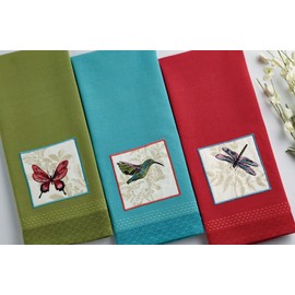 Design Imports DII Botanical Embellished Cotton Dish Towels - Set of 3 - Butterfly Hummingbird Dragonfly