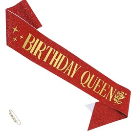 ZHBDPaty "Birthday Queen Birthday Sash Glitter with Pearl Safety Pin Party Favors For Girl Women (Red, Stardard)