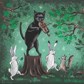 8x8 PRINT OF PAINTING RYTA BLACK CAT EASTER RABBIT BUNNY SQUIRREL FIDDLE VIOLIN