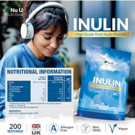 Nu U Nutrition Inulin Prebiotic Powder (1kg) – High-Fibre Fructo-Oligosaccharides (FOS) from Chicory Root, 200 Servings, Vegan & Gluten-Free, Natural Digestive Support