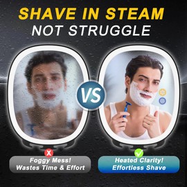 VOCOSTE Shaving Mirror for Shower Fogless, Heated Anti-Fog Mirror with 3-Color Dimmable LED Lights, 360° Rotation & 2 Weeks Runtime 5000mAh, Shower Mirror for Shaving Men, 2 Razors Holders