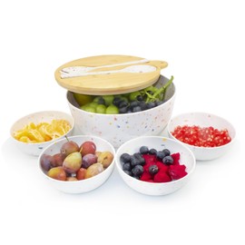 ECOWAY Melamine Salad Bowl, Bamboo Fiber Salad Bowl Large with 4 Small Serving Bowls and Bamboo Lid Cutting Board with Handle and Silicone Seal Ring Perfect for Storage Salad Foods(Spots,9.8 Inches)