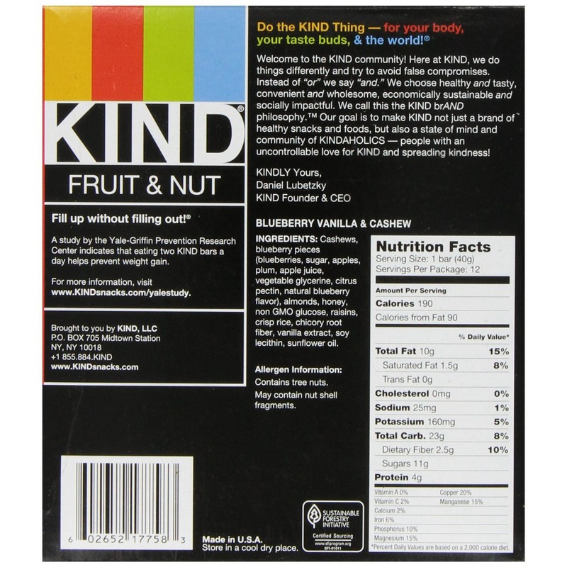 KIND Bars, Blueberry Vanilla Cashew, Healthy Snacks, Gluten Free, 5g