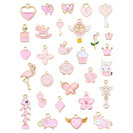 YETOOME 30 Pcs Mixed Enamel Pink Theme Charms Gold Plated Earring Pendants Charms for Necklace Bracelet Jewelry Making and Crafting