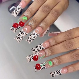 MISUD Press on Nails - Long Square Glue on Nails with Chettah French Tip, Acrylic 3D Cherry Design 24 pcs