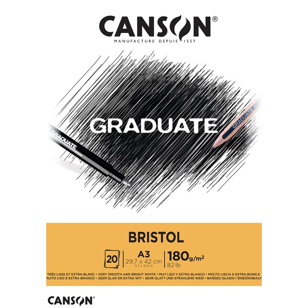 CANSON Graduate Bristol 180gsm A3 Paper, Very Smooth, Pad Glued Short Side, 20 Bright White Sheets, Ideal for Student Artists