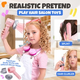 Toy Choi's Hair Salon Toys for Girls - Pretend Play Kids Hairdryer, Scissor, Combs Hair Salon Playset with Gift Box - Fake Makeup Party Favor Beauty Playset