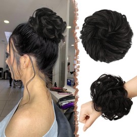 FESHFEN Messy Bun Hair Pieces - Large Wavy Curly Elastic Hair Bun Scrunchies Ponytail Extensions Synthetic Chignon Hairpieces for Women, Black Brown 1.94oz