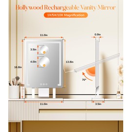 Gospire Lighted Makeup Mirror, Hollywood 4000mAh Rechargeable Vanity Mirror with 5X/10X Magnification, 3-Color Dimmable Lighting, Touch Control, Phone Holder, 11”x16.8” LED Tabletop Mirror for Bedroom