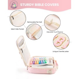PLOZANO Bible Cover Case for Women, Large Chenille Letter Bible Bag with Shoulder Strap,Pink Bible Carrying Tote Bags for Bible Study Accessories, for Women Lady Teen Grils