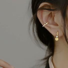 Ball Bead Disc Small Cartilage Hoop Sterling Silver Earrings for Women Girls Cubic Zirconia CZ Sequin Dangle Drop Huggie 7.5mm Hoops Hypoallergenic Dainty Jewelry for Girl Petite Earlobe (Gold)