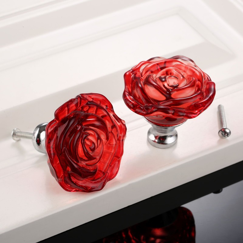 Yetaha Red Glass Dresser Knobs, 5PCS Rose Crystal Drawer Handles
