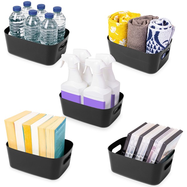 Under Sink Storage Boxes – Strong Storage Baskets with Handles – Home, Kitchen and Bathroom Organiser – Rectangular Multi Use Storage Boxes –– Stackable Pantry Basket – Black, 5pcs – by Stackzy