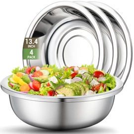 Offiper 304(18/8) Large Stainless Steel Mixing Bowls Set, 4 Pack 13.4" 7.4 Quart Big Silver Metal Food Prep Baking Bowl Heavy Duty with Flat Base for Kitchen Cooking Serving Storage Dishwasher Safe