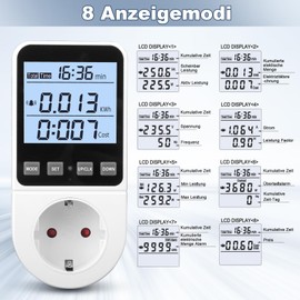 Electricity Meter for Socket, 8 Modes, Electricity Meter, Energy Cost Meter, Power Meter, Power Meter, Kwh Meter, Socket with Usage Time, Power Meter Socket with Backlight