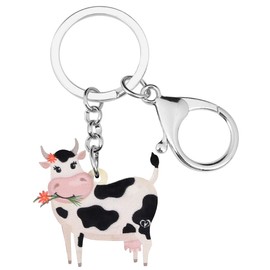 BONSNY Acrylic Sweet Flower Cow Dairy Cattle Keychains Key Ring Car Purse Bags Farm Animal Lover Gifts