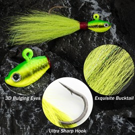 Alwonder 5 Pack Bucktail Jigs, Saltwater Fishing Jig Bucktail Fishing Lures Surf Fishing Jig Heads Swimbait Jigs Halibut Flounder Striper Lures, Chartreuse 2oz…