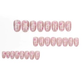 Short Press on Nails Almond Fake Nails Pink False Nails with Flower Design Glossy Glue on Nails Ombre Acrylic Nails Press ons Cute Full Cover Stick on Nails for Women Manicure 24Pcs