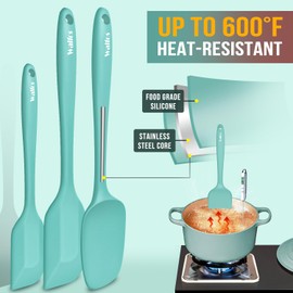 Walfos Silicone Spatula - 600°F High Heat Resistant Kitchen Spoon Spatulas（set of 5), Strong Steel Core and One-Pieces Design, For Cooking Mixing & Baking - BPA Free and Dishwasher Safe (Teal/Aqua)