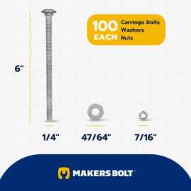 1/4" x 6" (100 Pack) Galvanized Carriage Bolt Kit Grade 307A Includes 1/4" USS Flat Washers (100 pcs) and 1/4"-20 Hex Nuts (100 pcs), Hot Dip Galvanized for Exterior Use by Makers Bolt