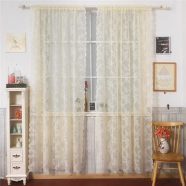 Deeprove Cortinas de encaje de 72 pulgadas de largo, juego de 2 paneles de cortinas de gasa clásico con bordado floral amarillo traslúcido para ventana, par de cortinas decorativas para recámara/sala de estar/cocina, bolsillo para barra, 57 pulgadas de a