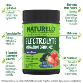 NATURELO Electrolyte Powder, Hydration and Mineral Drink Mix, Sugar Free & Non-GMO Berry Flavor 50 Servings