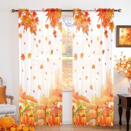 youleyar Fall Sheer Curtains for Living Room 96 Inches Long 2 Panels White Semi-Sheer Curtain with Pumpkin&Maple Leaves Printed Pattern Fall Rod Pocket Voile Drapes for Bedroom, 52" W x 96" L