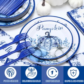Moinchore 100 PCS Fall Party Supplies, Fall Chinoiserie Pumpkins Plates, White and Blue Flowers Porcelain Napkin Disposable Blue Botanical Leaves Thanksgiving Dinnerware Set Serve 25 Guest