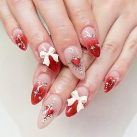 JONKASIPA French Pointed Almond Fake Nails with 3D Butterfly Flower Charm Design,Cute Acrylic Nails,Glossy Nails,Pearl Fake Nails,Nude Artificial Nails for Women-24Pcs