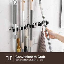 TOPSKINOY Broom Holder Wall Mount, Stainless Steel Broom Hanger Wall Mount, Heavy Duty Mop and Broom Holder Tool Racks Utility Hooks for Laundry Room Garden Garage, Black (4 Racks and 5 Hooks)