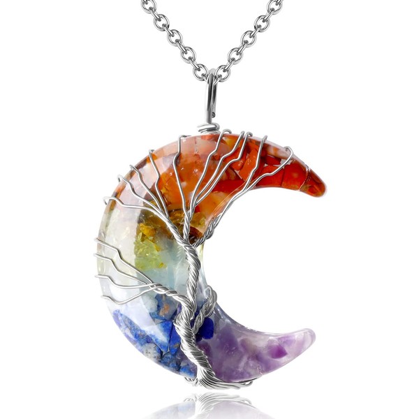 XIANNVXI 7 Chakra Crystal Necklaces for Women Chakra Necklaces Moon Tree of Life Pendant Wire Wrapped Natural Resin Reiki Spiritual Necklaces Jewellery Mothers Day Gifts