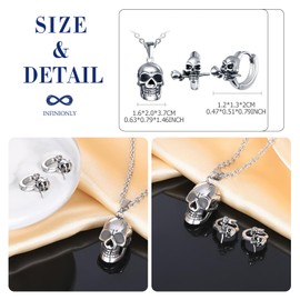 INFINIONLY Men's Women's Stainless Steel Necklaces and Earrings Jewellery Sets Creative Skull Chains Pendant Fashion Skull Rose Hoop Earrings for Boys Silver