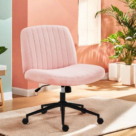 GlasFlength Criss Cross Chair Armless Computer Task Chair, Wide Comfty Swivel Fabric Height Adjustable Vanity Chair w/Replaceable Wheels/Fixed Base/Padded, Teddy Velvet Pink
