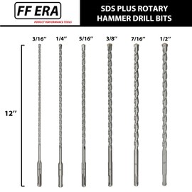 FF ERA 6Pcs 12Inch SDS Plus Rotary Hammer Drill Bits Set - Carbide Tipped - Rotary Hammer Drill Bits for Brick, Stone, Concrete (3/16'', 1/4'', 5/16'', 3/8'', 7/16'', 1/2'' x 12”)