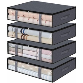 YTOPRO 4 Pack Underbed Storage Bags,Clothes Storage Bag Wardrobe Storage Organiser, Under Bed Storage Box with Zips and Handles for Clothes Blankets Shoes,40L,Grey