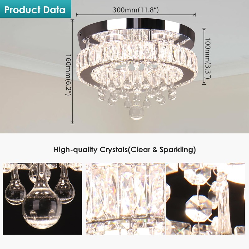 YPQXYHDA Led Crystal Raindrop Ceiling Light,11.8" Flush Mount Chandelier Light