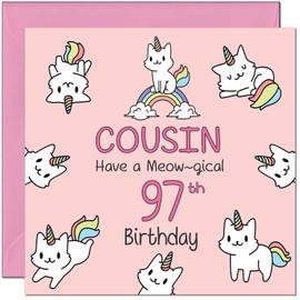 97th Cousin Birthday Card - Funny Cat Cute Cousin's Birthday Card for 97 Year old Ninety Seven Ninety Seventh
