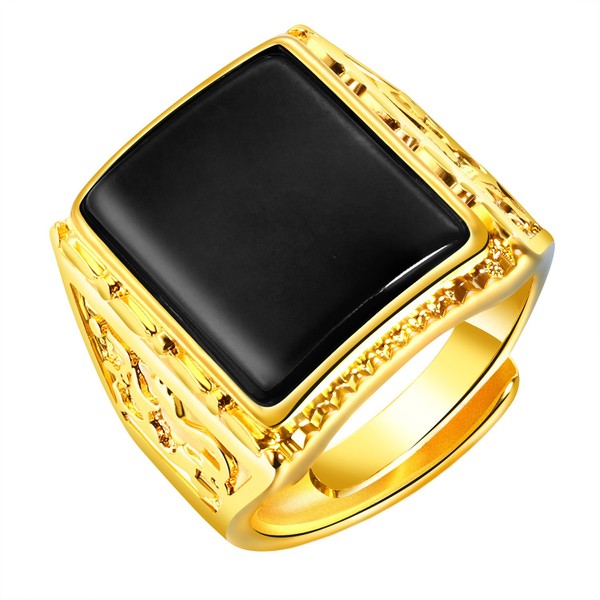 PAURO Men's 18K Gold Plated Vintage Black Agate Gemstone Ring,