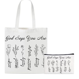 Huyryer Baptism White Elephant Gifts for Girl Catholic Women Faith, Teen Girl Gifts Trendy Stuff for Teenage Girls, Religious Bible Bags Christian Bible Verse Canvas Tote Makeup Bag Set