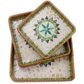 Abyjifar Square Serving Tray with Mother of Pearl Inlay, Boho Decor Coffee Table Wicker Woven Basket for Fruit Bread Food Candle Kitchen Home Set of 3 Sizes (Bohemian)