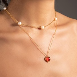 Plenky Red Heart Necklace, 14k Gold Necklaces for Women, Healing Crystals Dainty Heart Gemstone Carnelian Pendant Necklace for women
