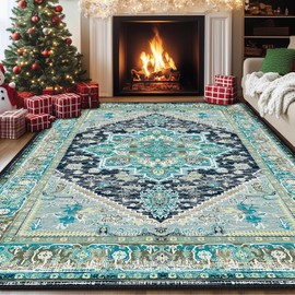 BESTSWEETIE Area Rugs 5x7 Rug for Living Room, Washable Rug 5x7, Non Slip Water Repellent Floor Carpet, Low Pile Soft Vintage Rug for Bedroom Dining Room Indoor-Bluegreen/Navy/Yellow